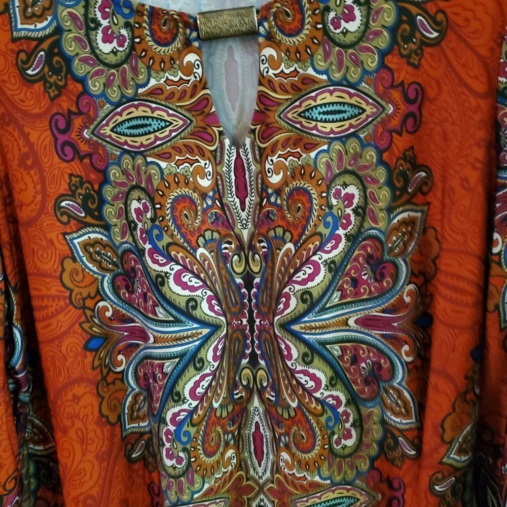 Boho Tunic Top With Long Flared Sleeves With A Paisley Mandala Print Sz PL - Picture 5 of 12